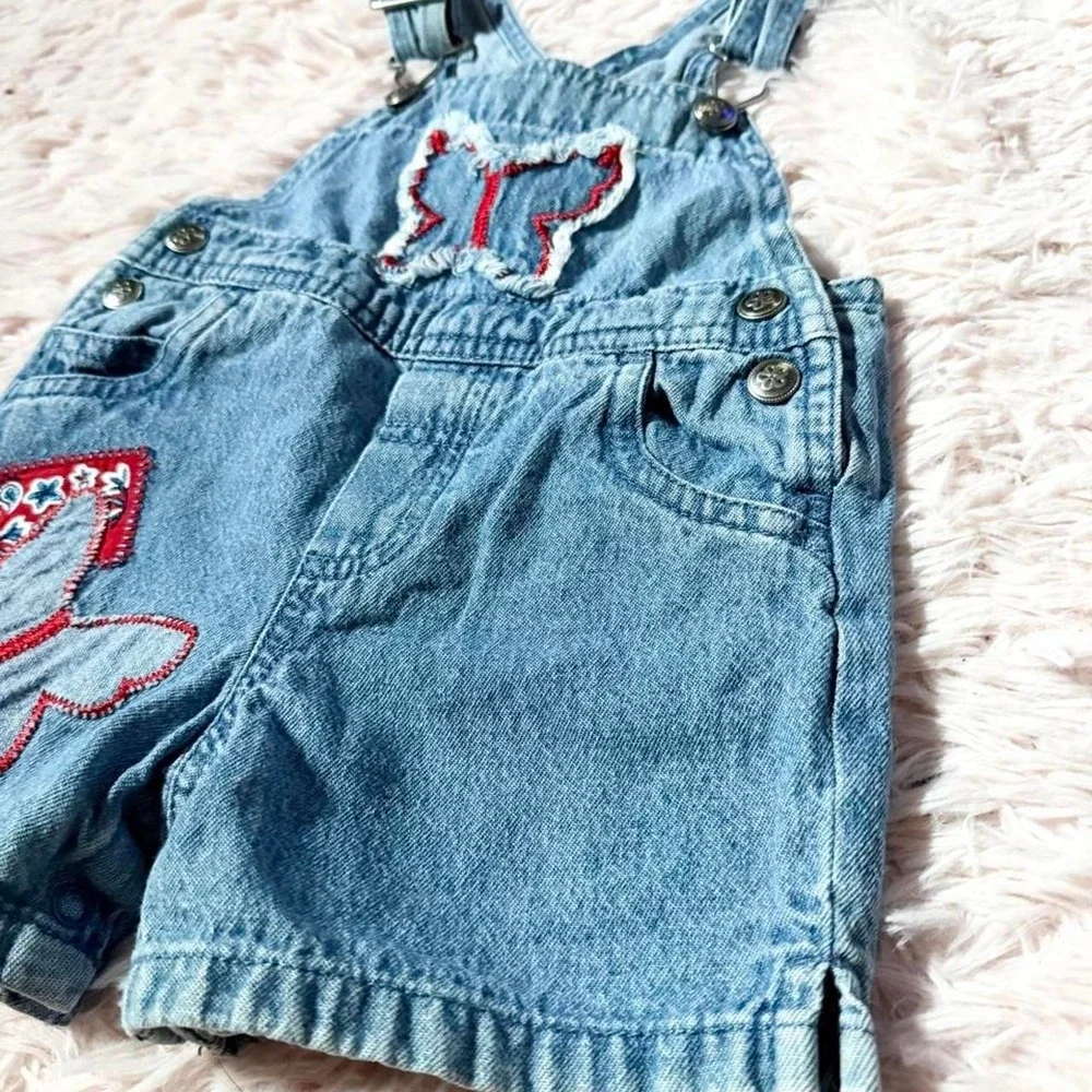 Vintage 90s Americana Distressed Butterfly Retro Utility Overall Denim Baby 3-6M